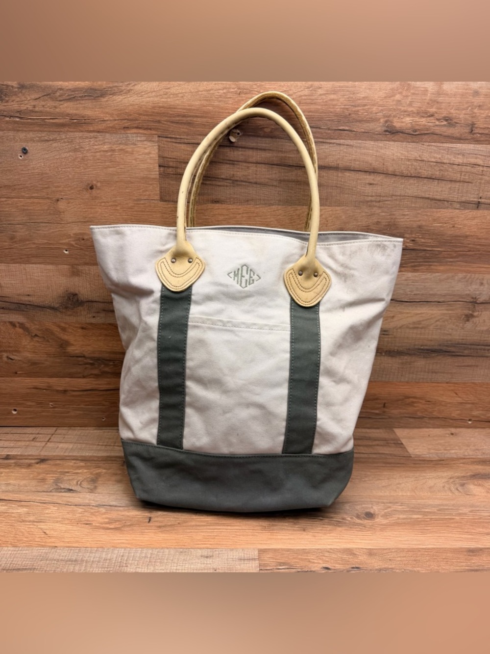 LL Bean Canvas Tote Bag with Leather Handles - Beige and Dark Gray - Picture 2 of 9